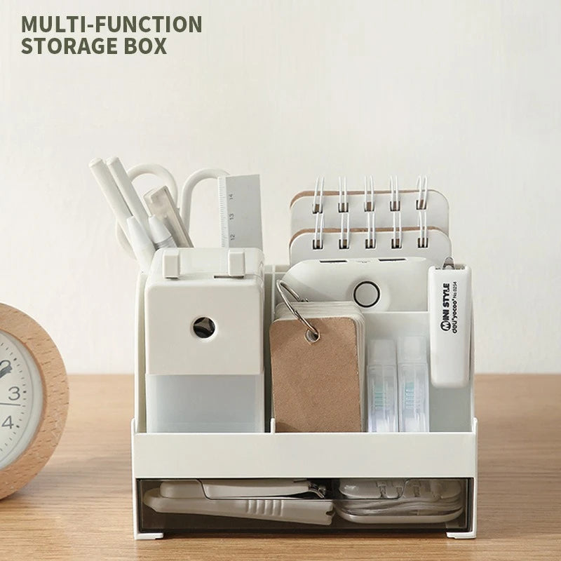 Multi Compartment Desk Organizer with Clear Drawer, Plastic Stationery Storage Caddy Pen Holder for Office School Home Qme