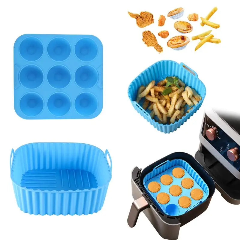2Pcs Non-Stick Baking Trays With Cupcake Molds For Healthy Cooking Kitchen Tools Square Silicone Air Fryer Liners & Muffin Pan Qme Blue