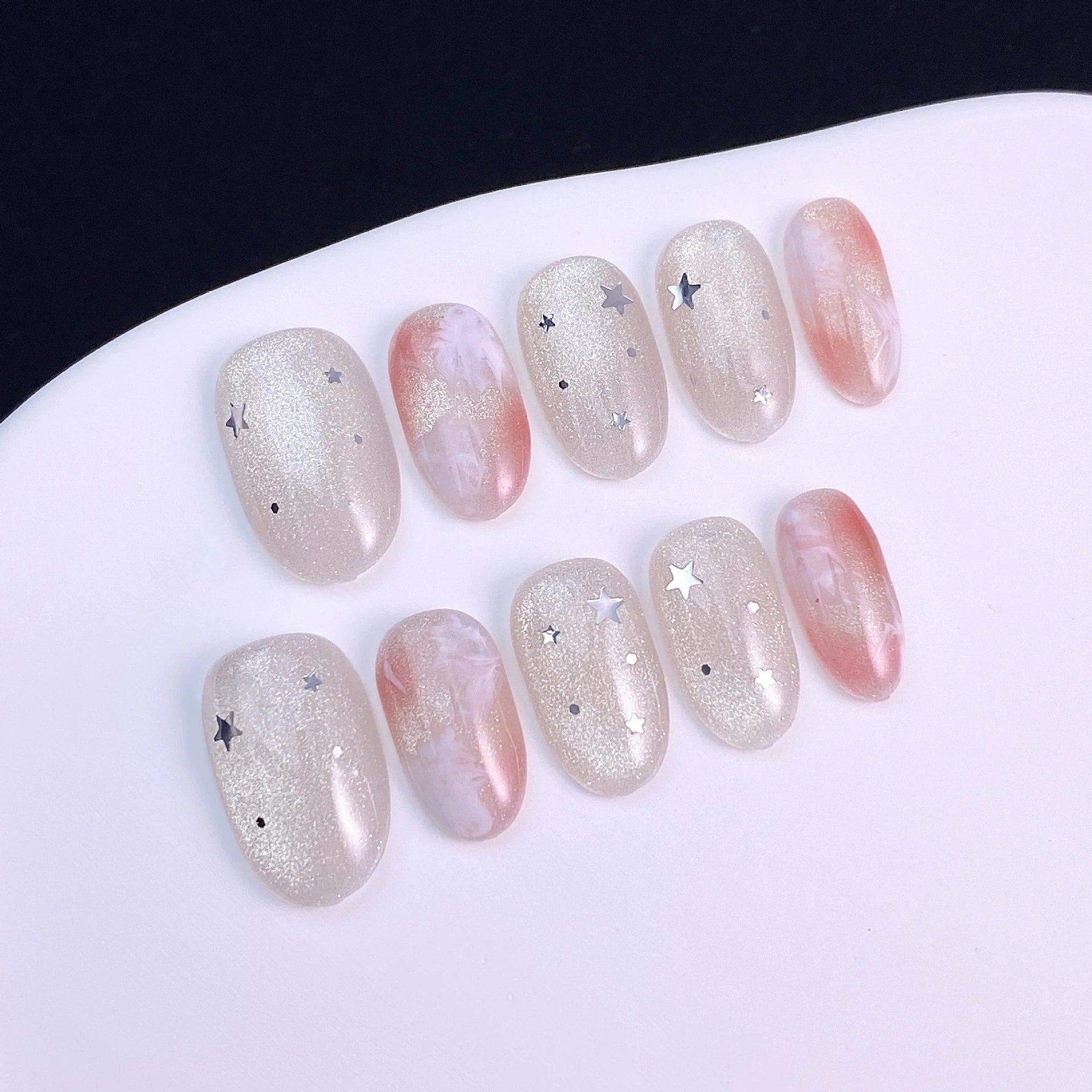 High-end Handmade Diamonds Chic Pink Flower Press Nails Sweet Cat Eye Qme GJ-CDJ-ZB195-S