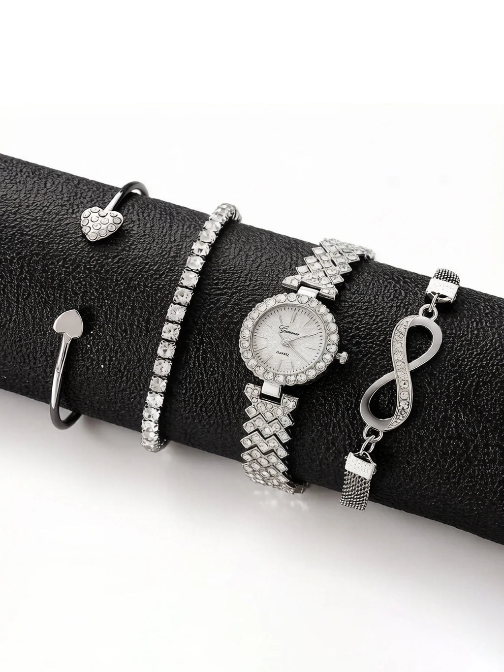 4-piece watch bracelet set, women's diamond quartz watch, women's high-end fashion student watch set Qme Silver No