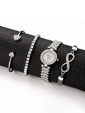 4-piece watch bracelet set, women's diamond quartz watch, women's high-end fashion student watch set Qme Silver No
