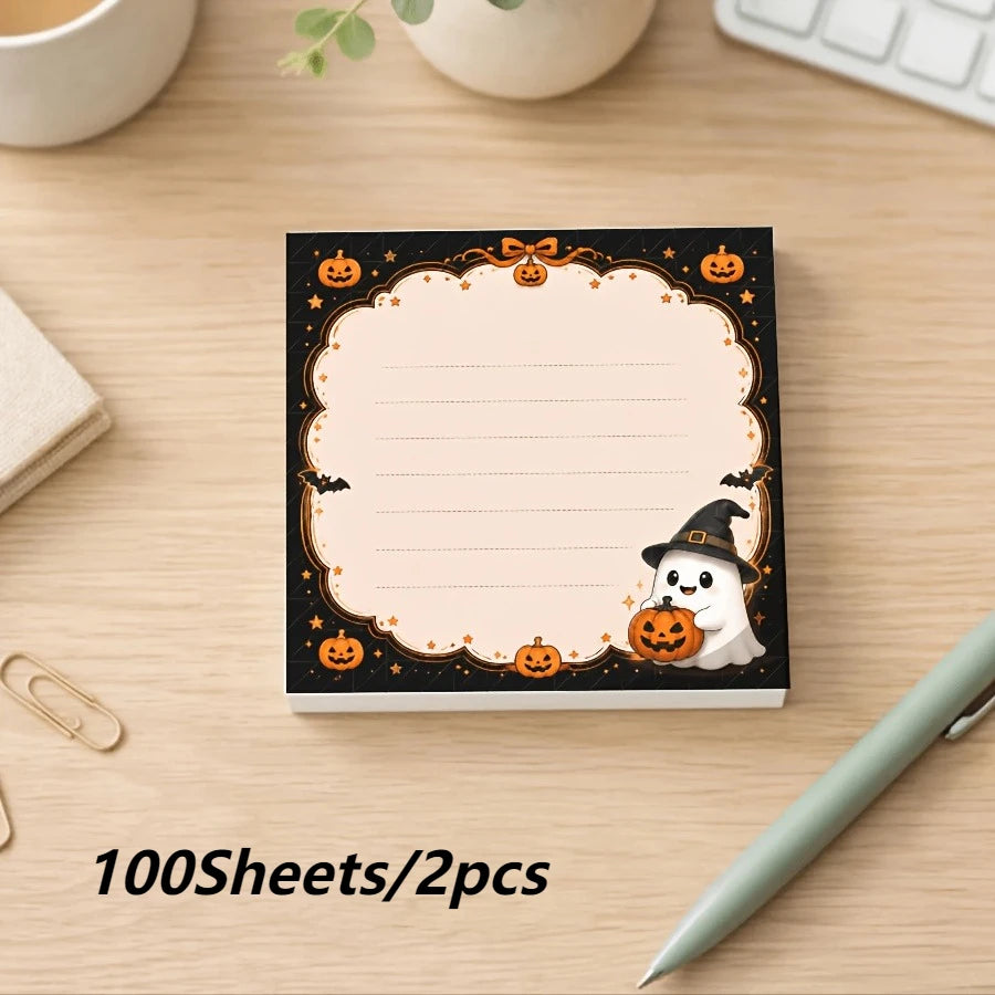 Halloween Cartoon Notepad, Cute Ghost And Jack-O'-Lantern Memo Pad for Writing, Journaling, And Office Use Qme WHITE