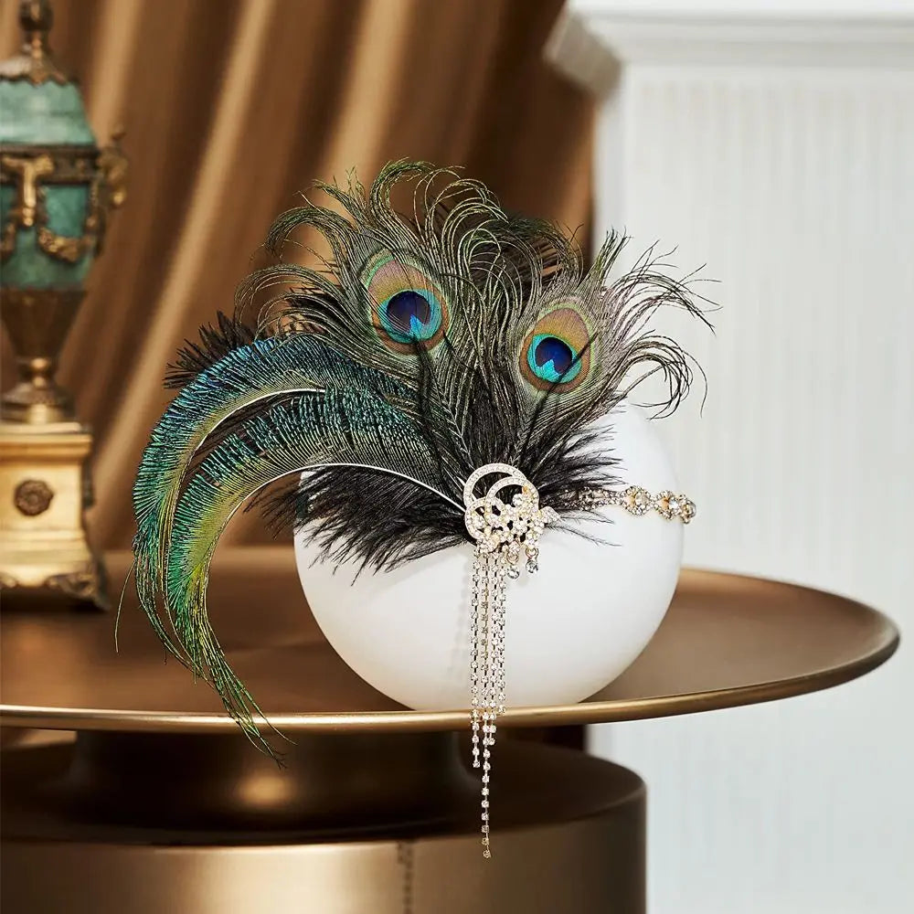 Retro Vintage Feather Headband Sequin Zircon Masquerade Hair Band Tassel Makeup Party 1920s Hair Accessories Bridal Headdress Qme