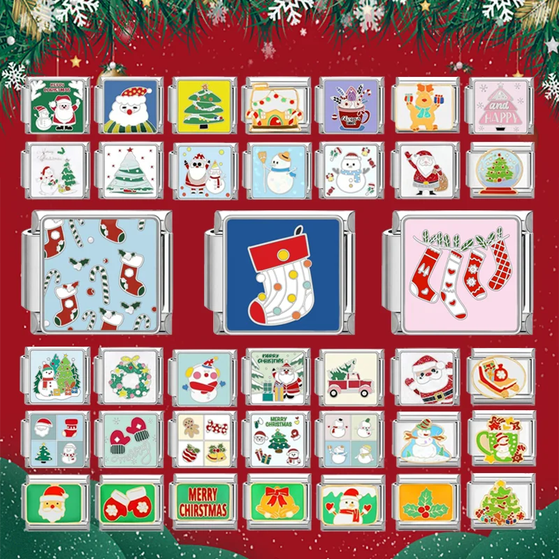 Fashion 2025 Colorful Christmas Socks Snowman Deer Italian Charms Fit 9mm Stainless Steel Women Fashion Bracelet DIYJewelry Gift Qme