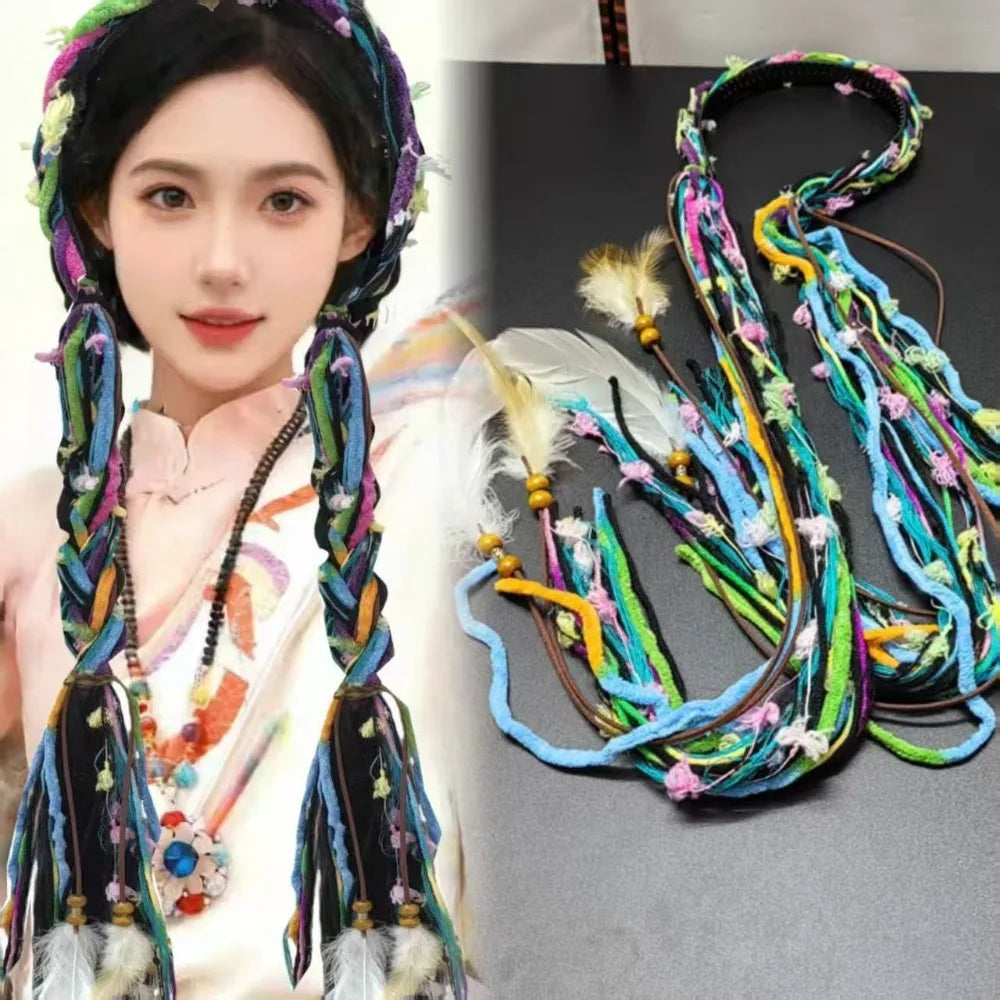 Boho Style Chinese Tibetan Hairband Colorful Ribbon Long Tassel Braid Hairband Candy Colored Weaving Ethnic Hair Hoop Qme Blue-Green feathers