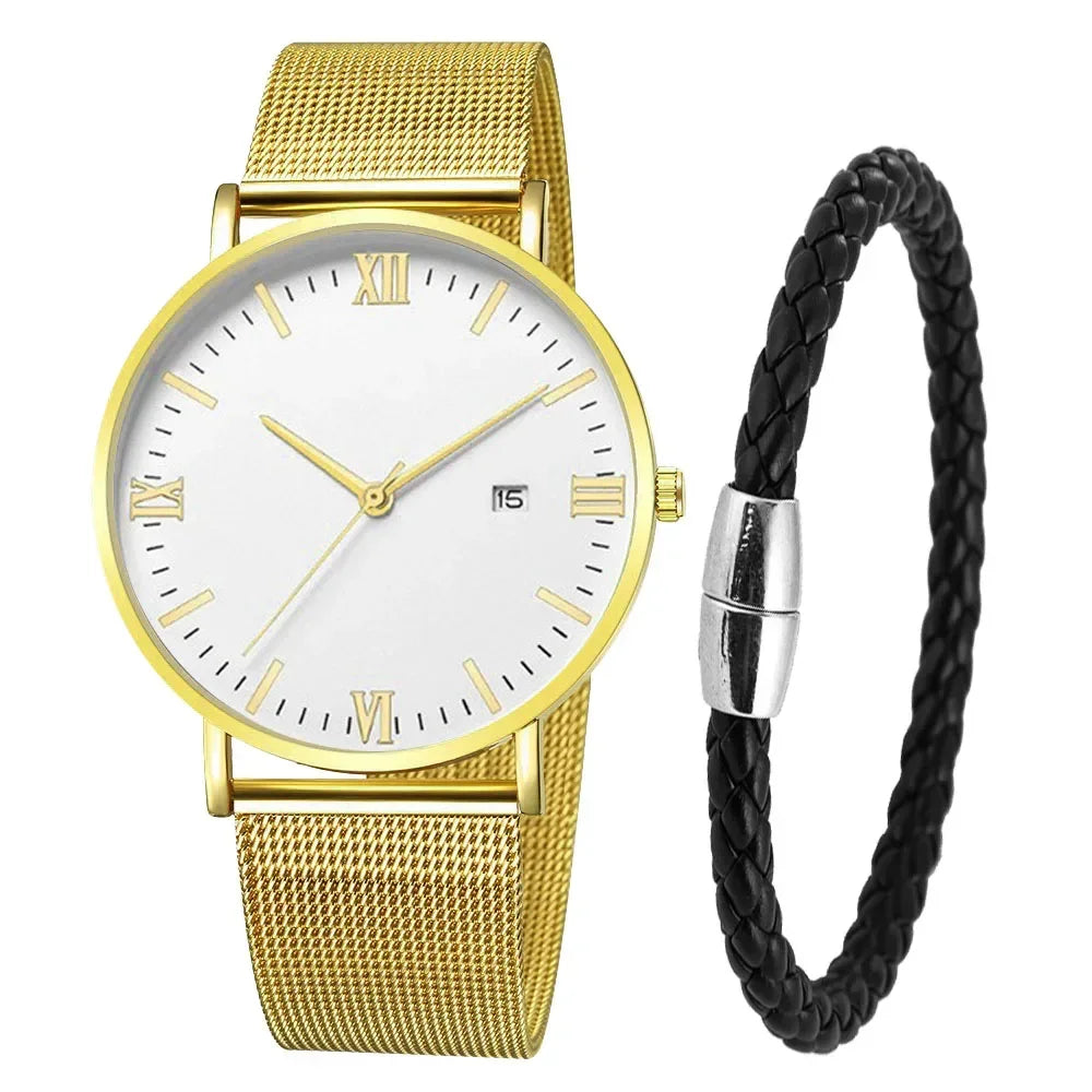 Ultra Thin Men Watch Magnetic Bracelet Quartz Watch Calendar Men Slim Mesh Steel Waterproof Sport Watch Black Relogio Masculino Qme Gold White set