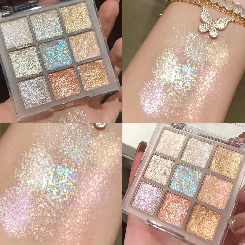 9-Color Glitter Eyeshadow Palette Champagne Pink Pearly Eye Shadow Shimmer Highlights Cool Tone Charming Sparkling Eyes Makeup Qme
