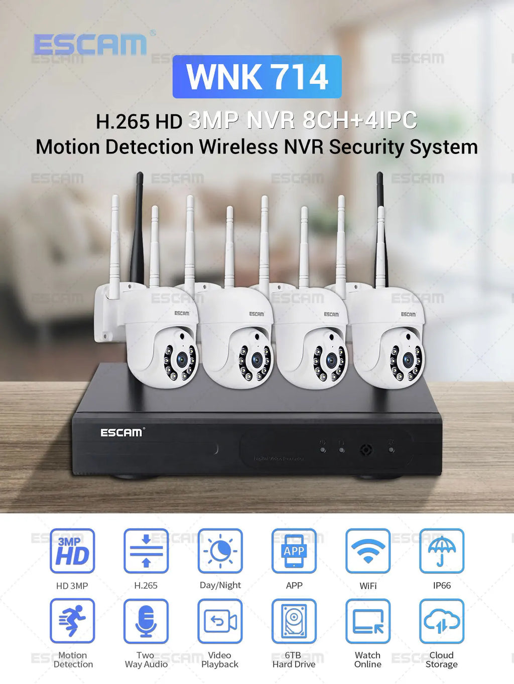 ESCAM H.265 3MP HD Wireless CCTV System Two Way Audio Waterproof PTZ WIFI IP Security Camera 8CH P2P NVR Video Surveillance Kit Qme