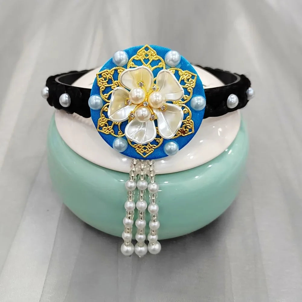 Fashion Flower Korean Headband Pearl Tassels Hanbok Hairband Qme blue