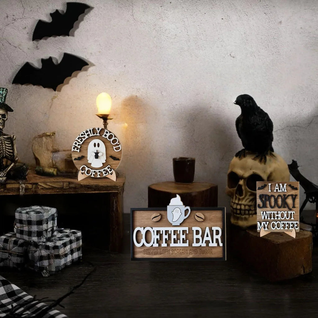 Halloween Wooden Coffee Theme Desktop Sign, No Tray, "Freshly Boo'd Coffee" Ghost Coffee Beans, Halloween Kitchen Home Decor Qme
