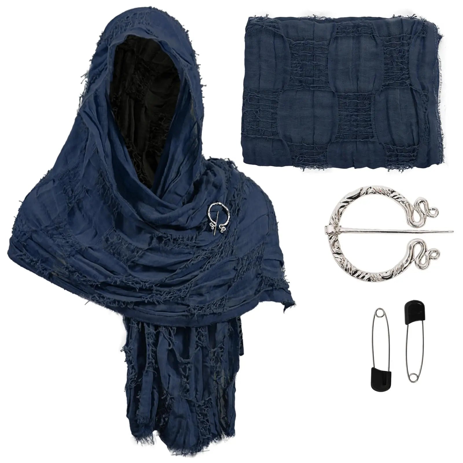 Adult Medieval Hooded Shawl Renaissance Cowl Hood Wasteland Desert Scarf Brooch Paperclip Viking Half Cape Dune Costume Qme Blue One Size