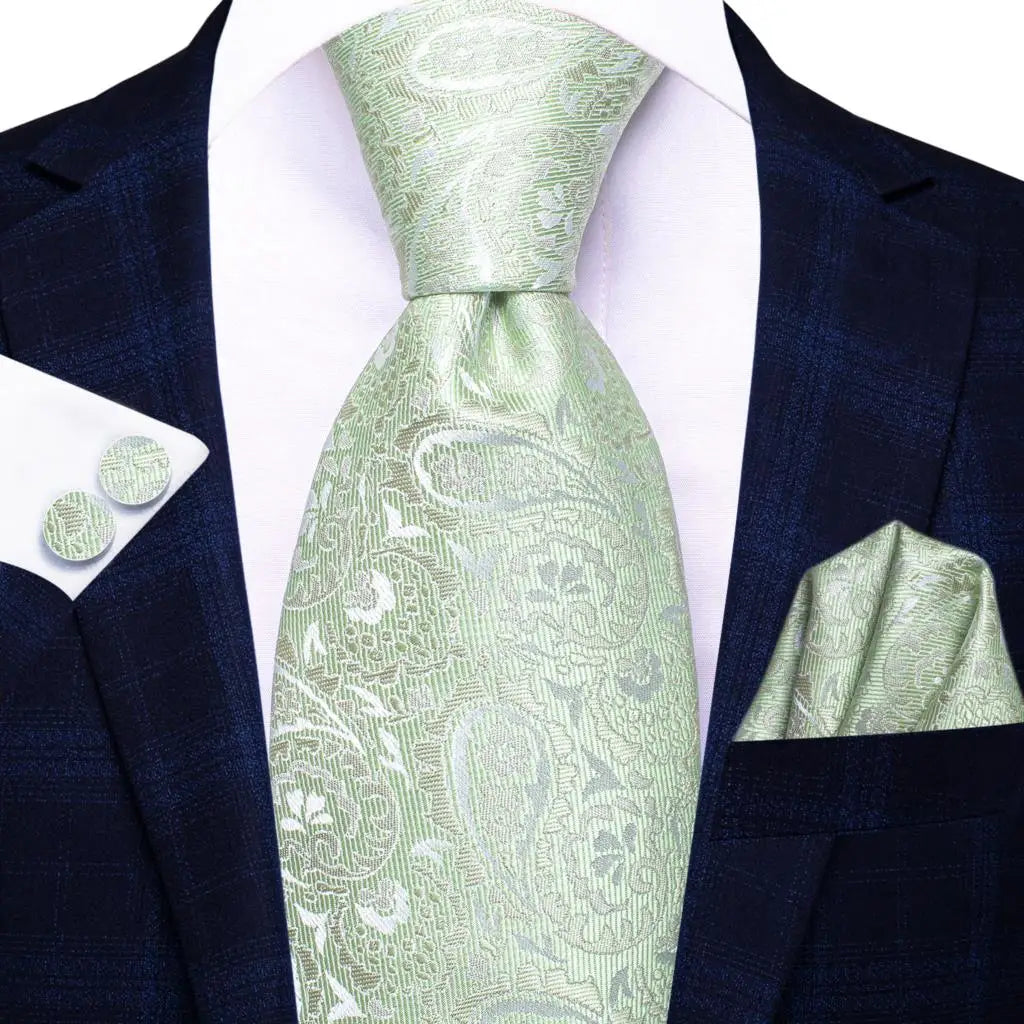 Hi-tie Men Fashion Solid Green Blue Necktie Handkerchief Cufflinks