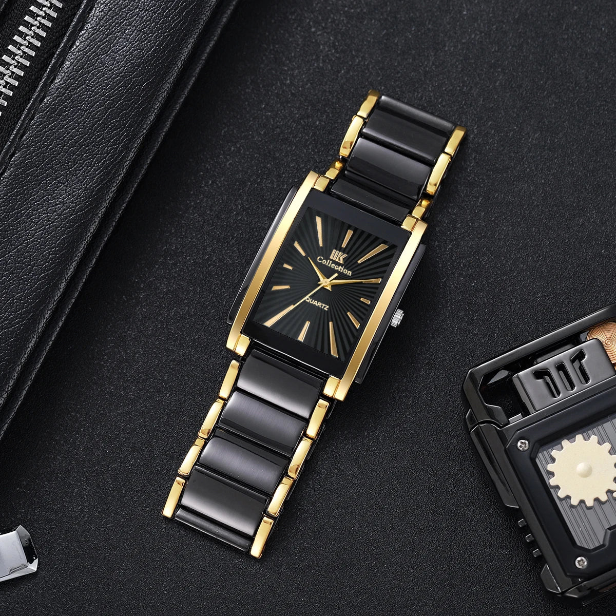 4PCS Luxury Men Business Watches Jewelry Set Fashion Rectangle Dial Male Quartz Watch Reloj Hombre(Without Box) Qme
