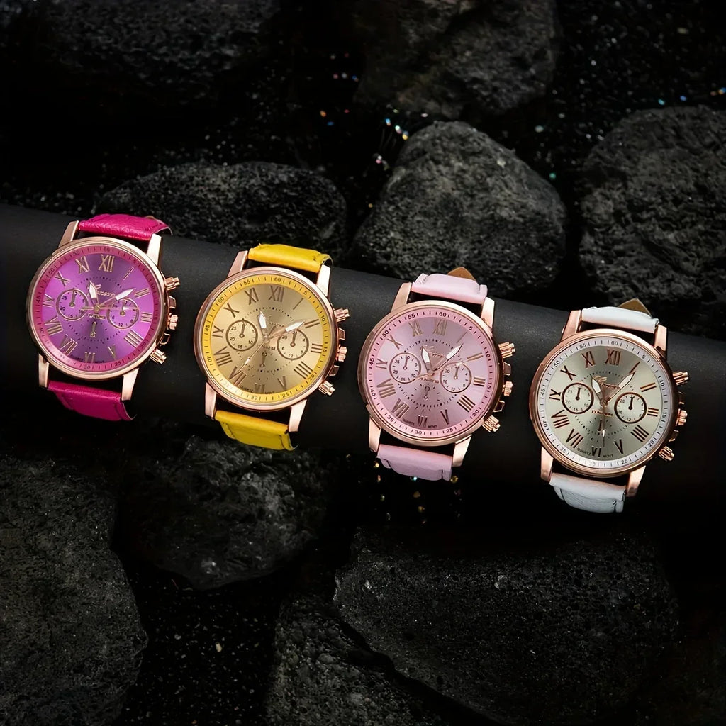 10pcs-Fashion Quartz Watch Set, Unisex (Multiple Colors), PU Leather Strap, Alloy Case, Ideal Gift for Friends and Family Qme