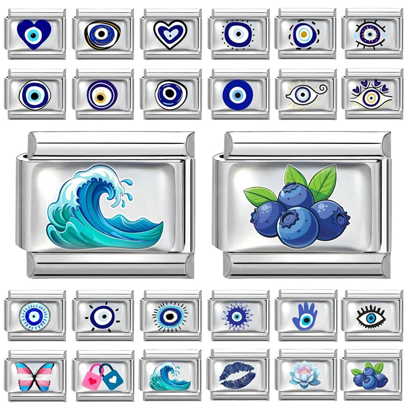 Wholesale Women Fashion Blue Pattern Sea Wave Blueberry Eyes Italian Charm Fit 9mm Stainless Steel Bracelet Jewelry Making DIY Qme