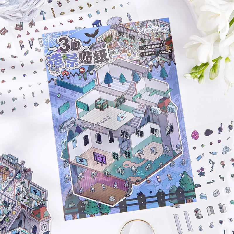 2.9D Landscape Sticker Cartoon Cabin Scene DIY Sticker Stacking Pasting Festival Birthday Gift for Kid Child Qme B