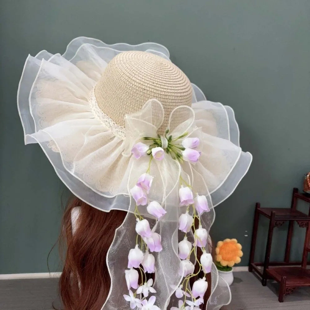 Summer Bonnet Wide Brim Straw Hat Lace Bowknot Floral Tassel Sun Cap Qme