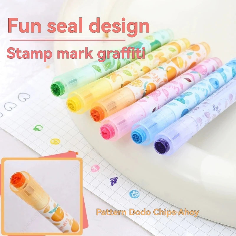 6 Colors Stamp Fruit Candy Aroma Seal Highlighter Set, Chisel Tip, Marker Pen Pastel Assorted Colors for Cute Kawaii Stationery Qme