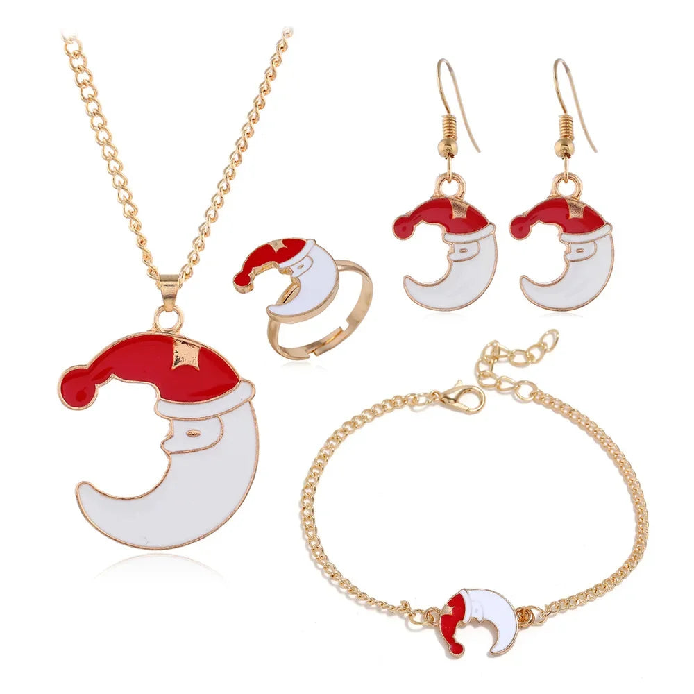 4PCS/Set Christmas Women Alloy Jewelry Set Santa Elk Bell Earrings Necklace Bracelet Decor Xmas Accessories Gift for Girl Women Qme moon China Mainland