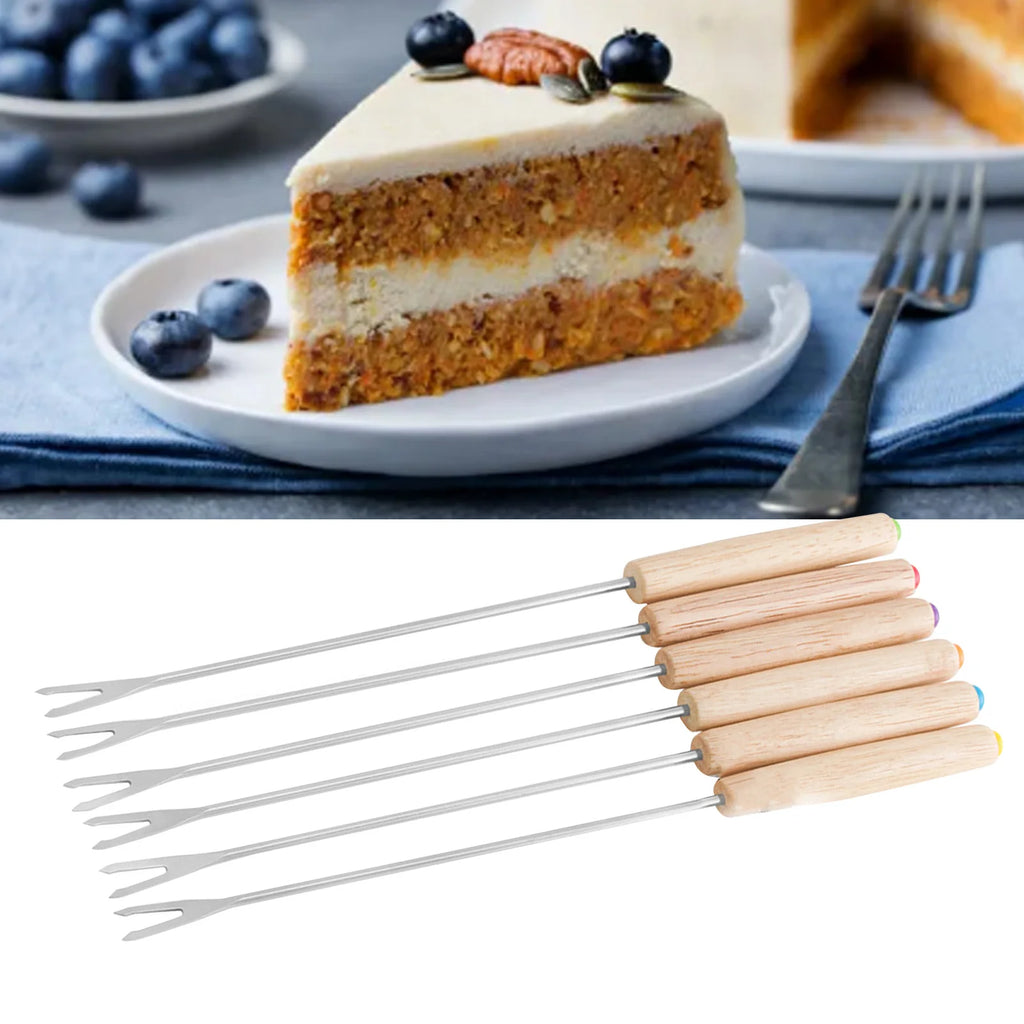6PCS Stainless Steel Fondue Forks with Wooden Handle Cheese Chocolate S'mores Sticks Heat Resistant Dessert Skewers Tool Qme