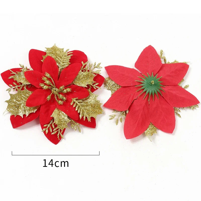 Christmas Red Gold Glitter Flowers Artificial Poinsettia Flower for Xmas Tree Ornaments Navidad New Year Party Home Decoration Qme