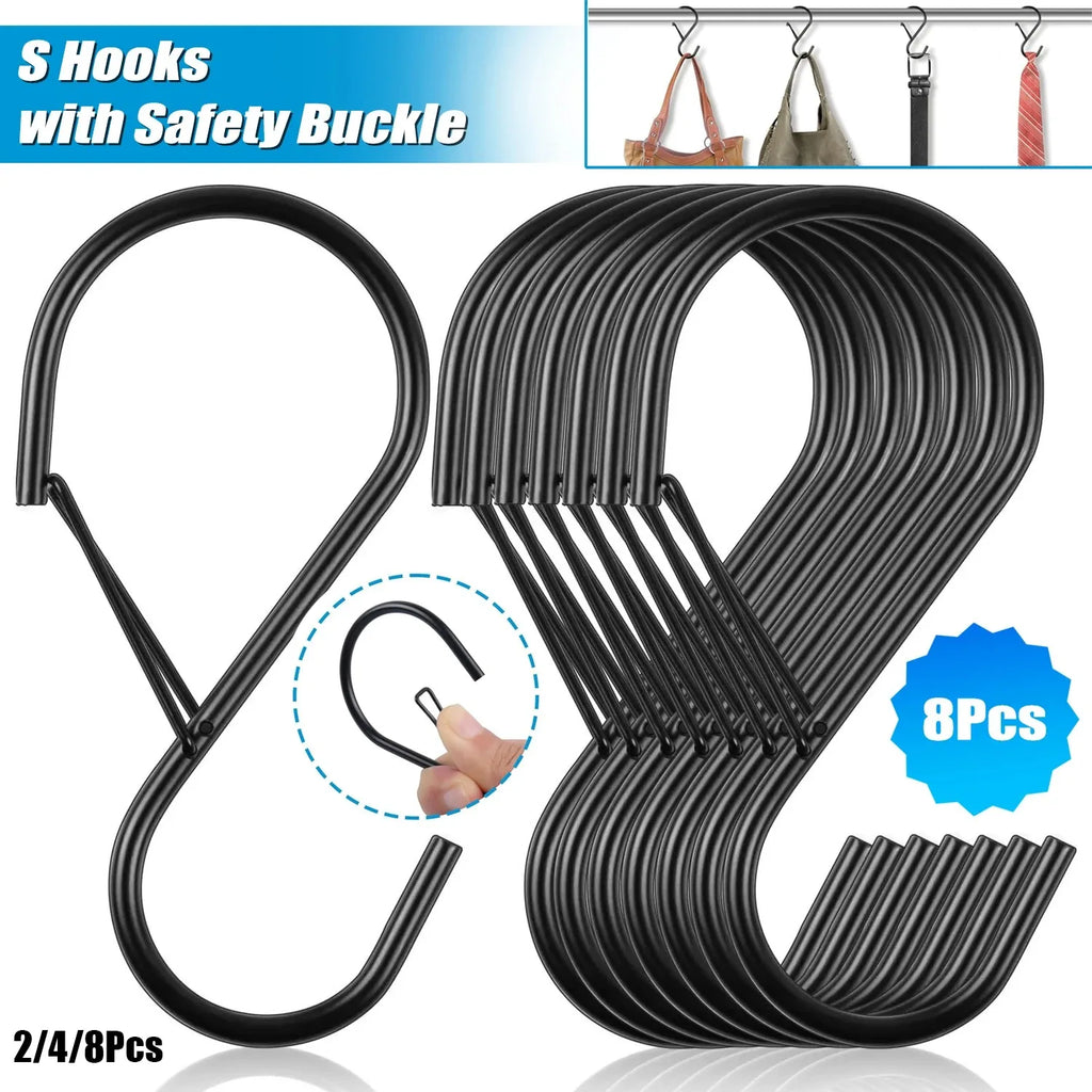 2/4/8PCS S Hooks for Hanging With Safety Buckle Heavy Duty S Hooks Large Metal S Hooks for Hanging Plants Jeans Pots Bags Qme
