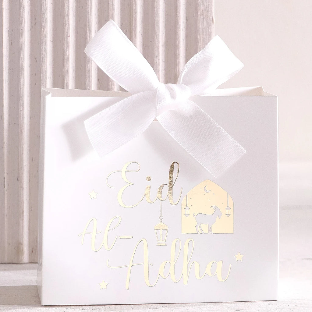 5 Eid Al-Adha Gift Boxes, Beautiful Sheep and Calligraphy Text Design, Pastel Colors, Ribbon Handles, Perfect for Eid Al-Adha Pa Qme 5pcs-white-white