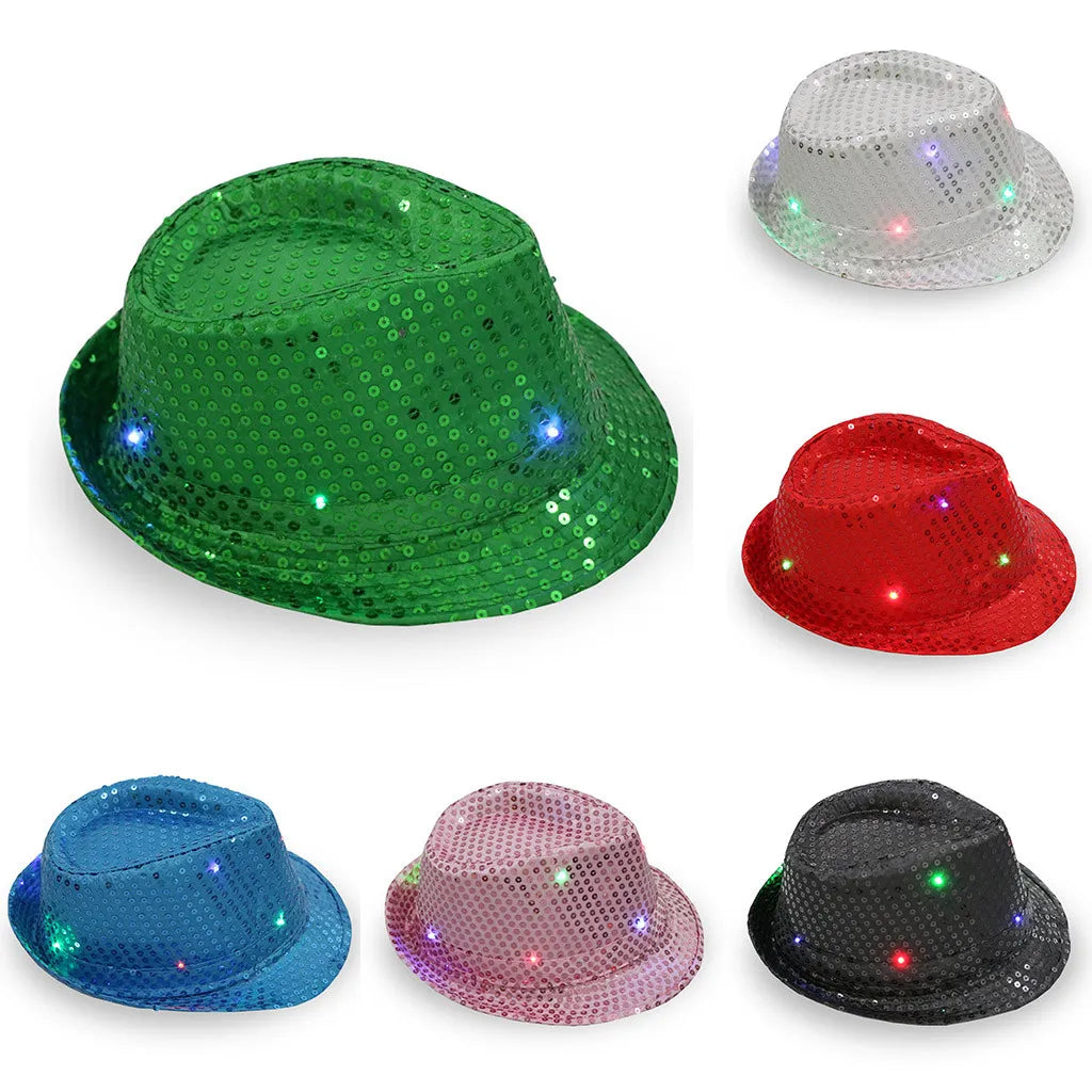 Unisex Hip Hop Jazz Hat Fancy Party Stage Dance Sequins Show Glitter Caps Performance Costume Clown Magician Hat for Kids Qme