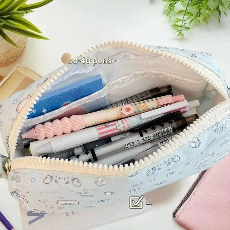 Cute Fishbone Cat Printed Pen Bag Portable Large Capacity Pencil Case Qme