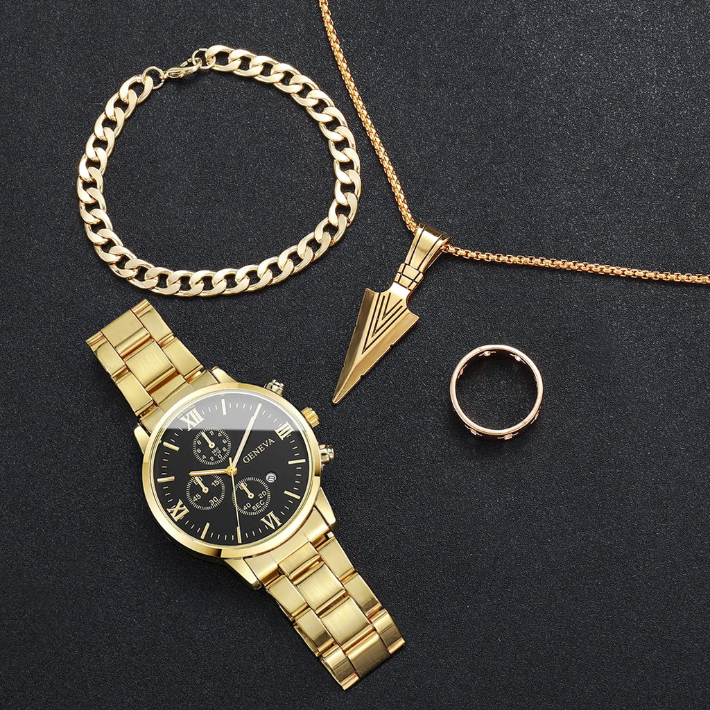 4pcs/set luxury male business watches fashion calendar watch roma dial quartz wristwatch set jewelry watch hombre (without box Qme