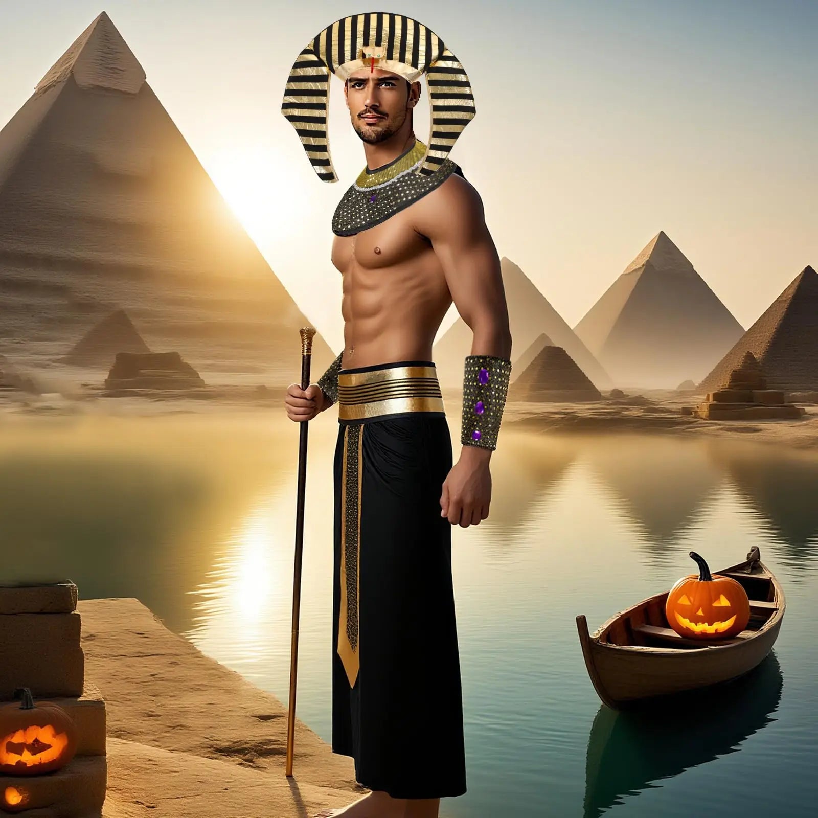 Egyptian Cleopatra Costume Accessories Pharaoh Headpiece Collar Belt Cuffs Halloween Anubis Sphinx Egypt King Tut Qme