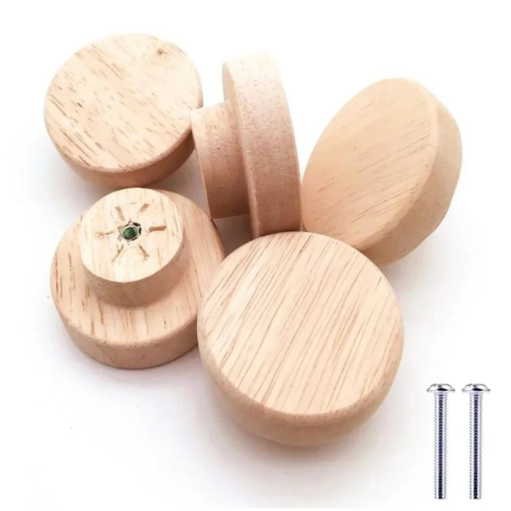 1-48pcs Wood Cabinet Pulls Nordic Round Wooden Cupboard Wardrobe Drawer Pulls DIY Natural Solid Closet Handles with Screws Qme