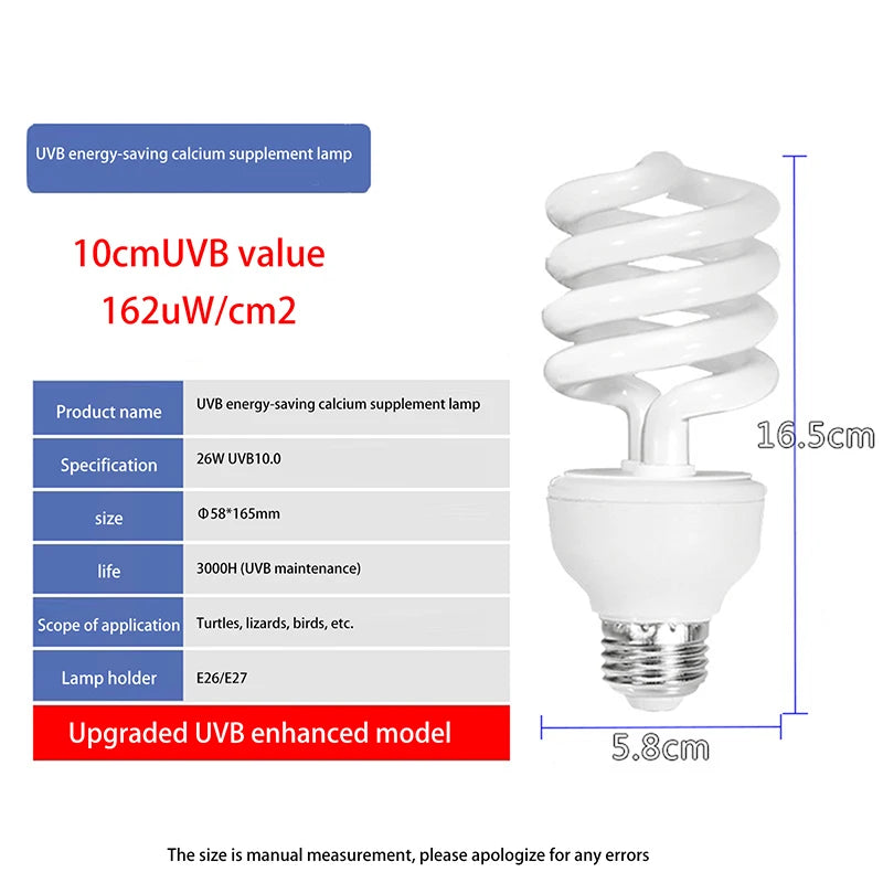 1 Piece 13/26W UV Rays Energy Saving Terrarium Basking Light 5.0 10.0 UVB Reptile Lamp Turtle Lizard Snake Reptiles Heating Lamp Qme UVB 10 26W
