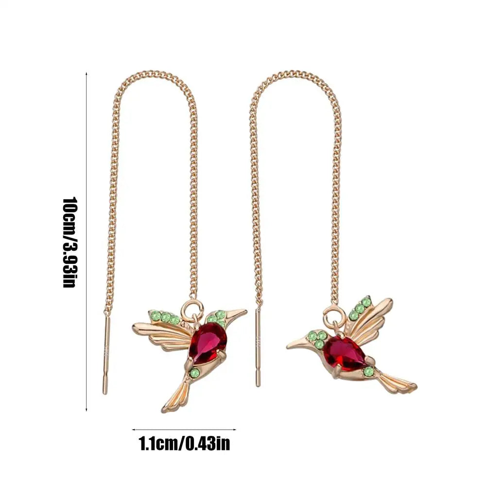 Hummingbird Pull Through Threader Earrings Hummingbird Wing Pendant Necklaces Portable Light Weight Long Chain Drop Earrings Qme Red