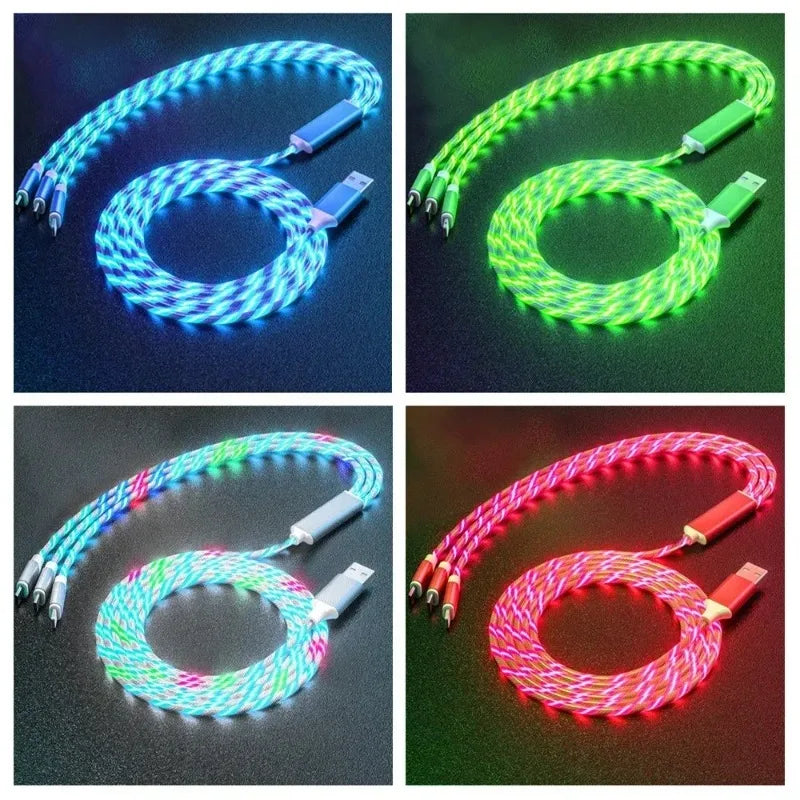 2pcs 3 in 1 Fast Charging Cable for Type C Lightning Android Universal Mobile Phones with Flowing Light Qme