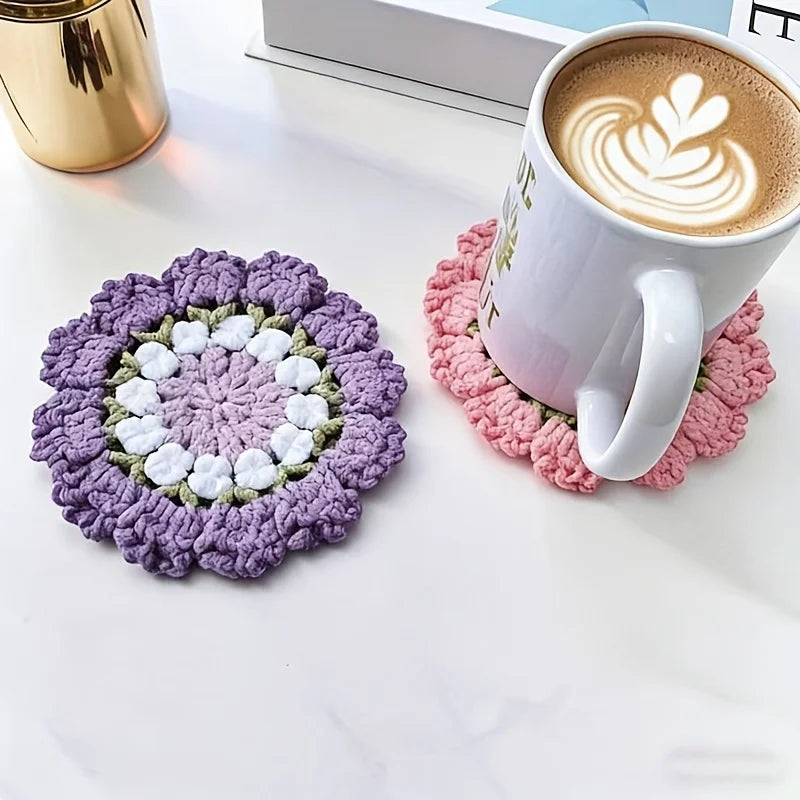 Handmade Crochet Flower Coaster Purple Floral Knitted Cup Mat Absorbent Cotton Mug Pad Non-slip Table Protector Home Decor Qme