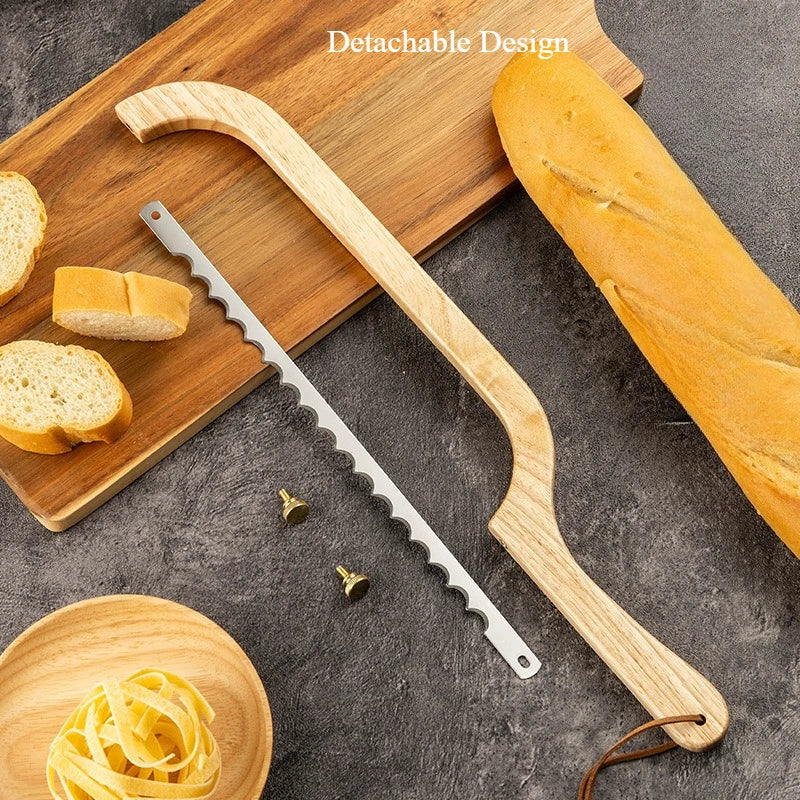 Wooden Bow Bread Knife Handheld Sushi Saw Cutter for Kitchen Baguette Toast Precision Slicing,Wooden Handheld Bow Bread Knife Qme