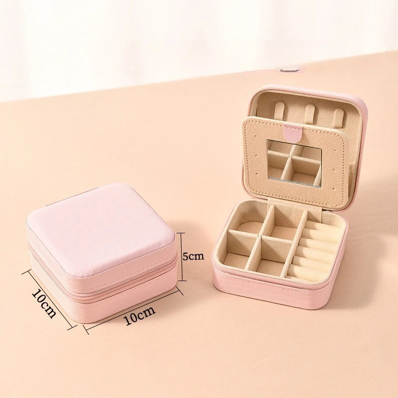 1pc Single Layer Square Storage Box Ladies Travel Leather Jewelry Box Classic Various Colors Storage Box with Mirror Qme Lotus Root Pink