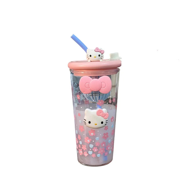 Hello Kitty-Style Cherry Blossom Glass Cup—Stylish for Women, Heat-Resistant Tea Cup, Large-Capacity Office Cup with Straw Qme