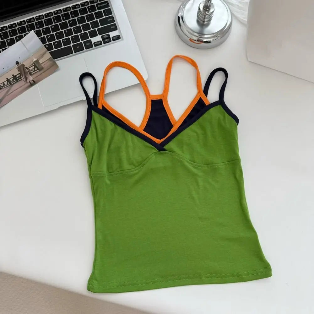 Fashion Slim Fit Fake Two Camisole Patchwork Streetwear Crop Tops Qme