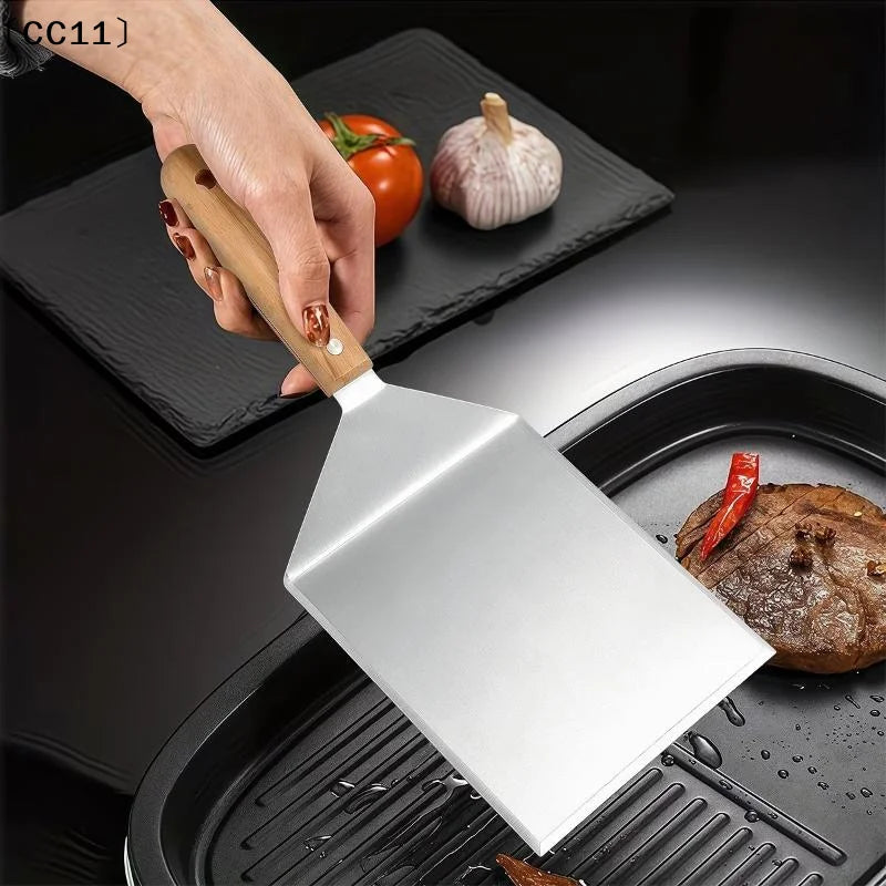Stainless Steel Steak Spatula Non-stick Pancake Barbecue Tongs Wood Qme