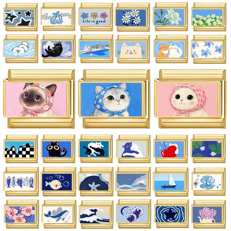 2026 Design Blue Pink Headscarf Kawai Cats Series Italian Charm Links Stainless Steel Fit 9mm Bracelet Jewelry DIY Making Gifts Qme