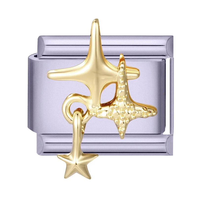 Sweet Shiny Gold Zircon Bow Moon Cherry Star Italian Charm Links Fit