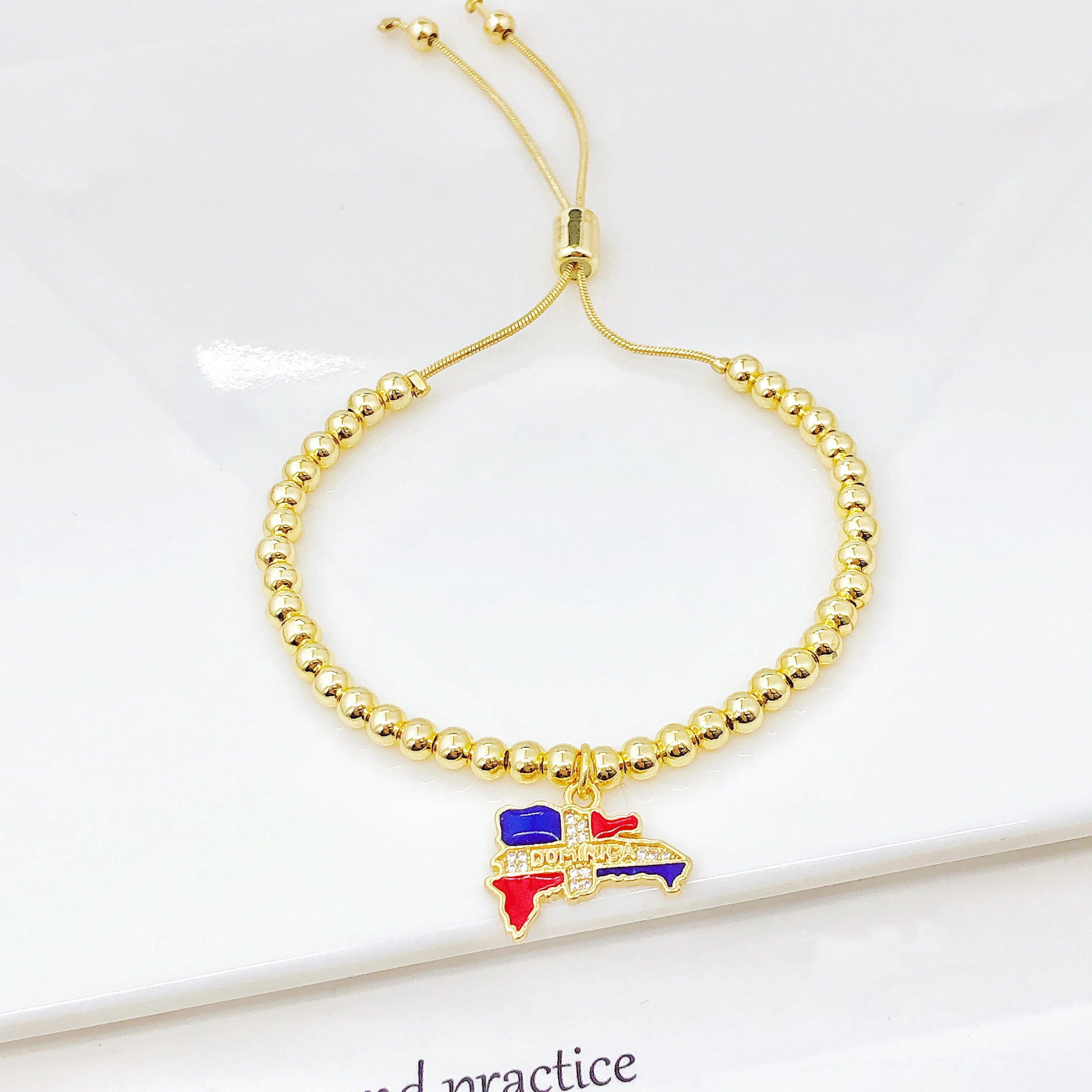 Gold-Plated Copper Bead Chain Venezuela Colombia Dominican Map Flag Bracelet Classic for Men Women Holiday Anniversary Jewelry Qme 1