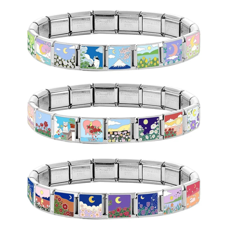 Drop Shipping 2026 Romantic Dreamy Moon Flower Sea Italian Charm Links Fit 9mm Stainless Steel Bracelets Wholesale Jewelry DIY Qme