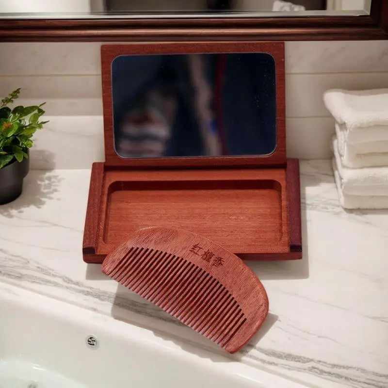 2-in-1 Wooden Comb Mirror Compact Red Sandalwood Folding Travel Home Qme