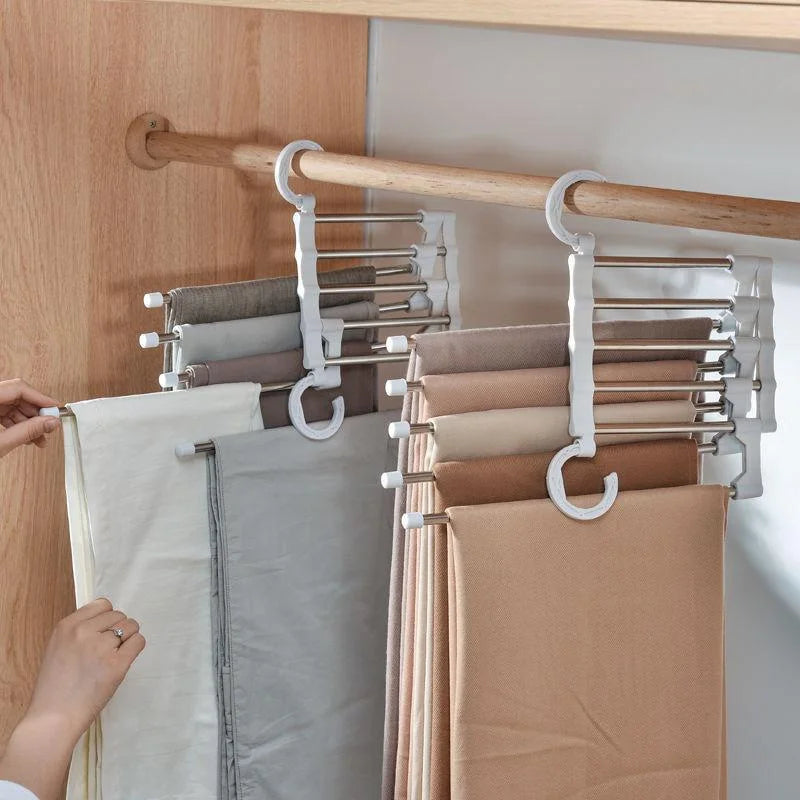 5 In 1 Magic Trouser Rack Hangers Stainless Steel Folding Pant Rack Tie Hanger Shelves Bedroom Closet Organizer Wardrobe Qme White