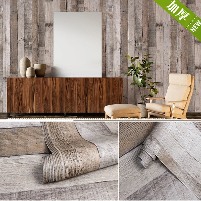 Blue Distressed Wood Wallpaper Thickening Vinyl Self-adhesive Qme Light gray 300cmx45cm
