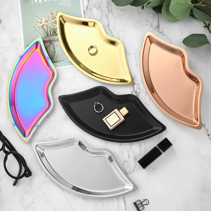 Tray Decorative Home Cosmetics Lip Shaped Jewelry Stainless Steel Qme