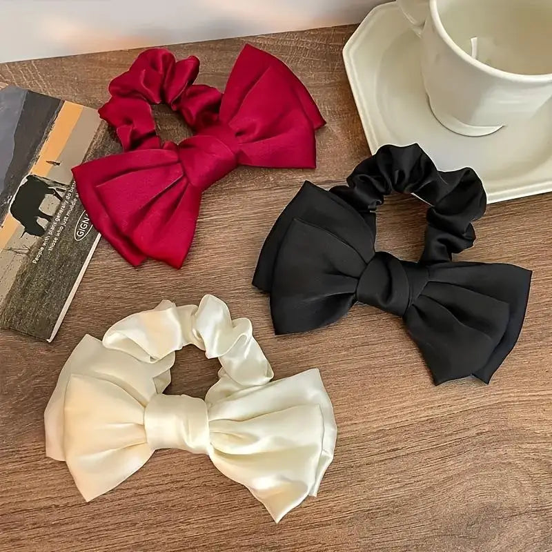 French Bow Scrunchie Elastic Hair Tie Elegant Satin Luxury Textured Qme